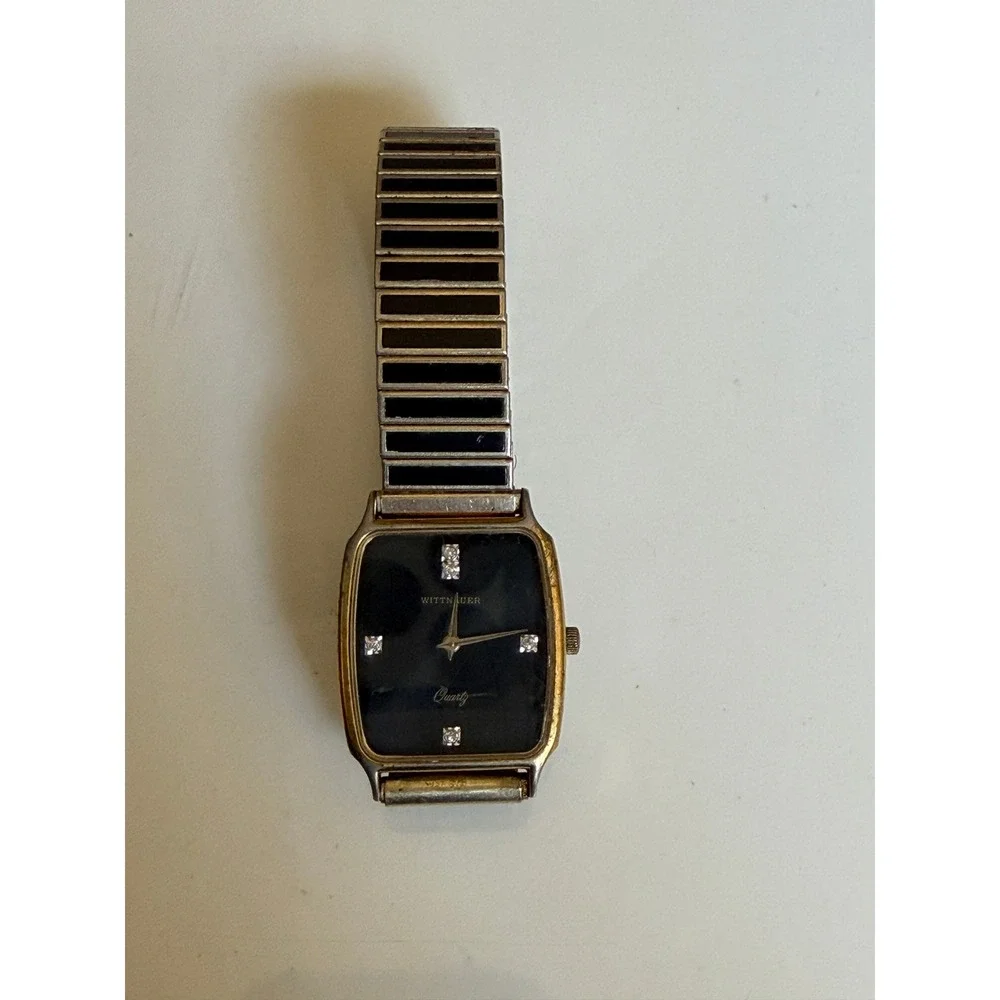 Wittnauer Quartz Watch Mens Black‎ Dial Gold Tone Speidel NOT WORKING Vintage